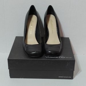 Kenneth Cole New York Black Leather Heels High Rise LE 7.5M Cone Heel